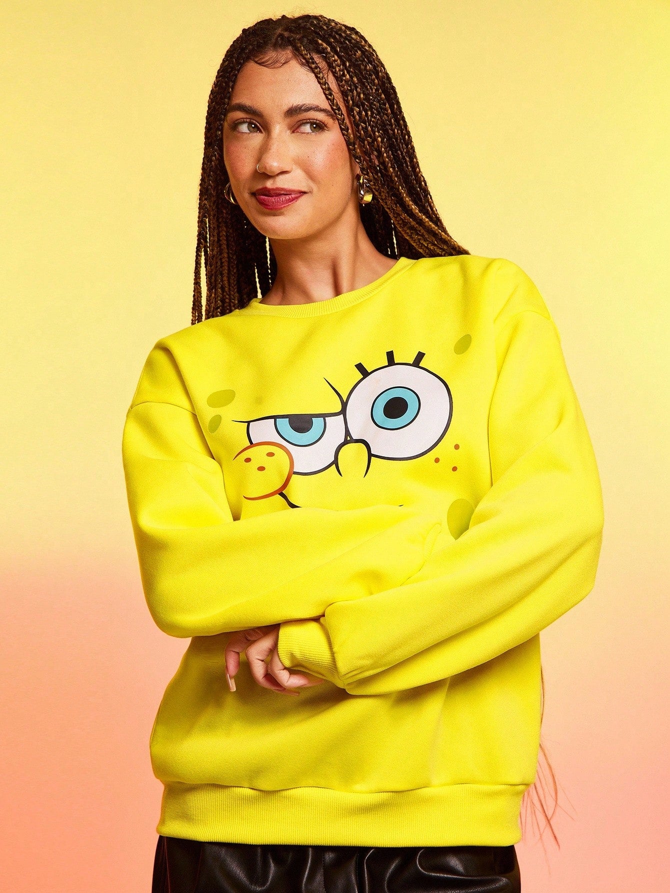 SXV Women Cute Cartoon Face Print Drop Shoulder Loose Crew Neck Long Sleeves Fleece Sweatshirt