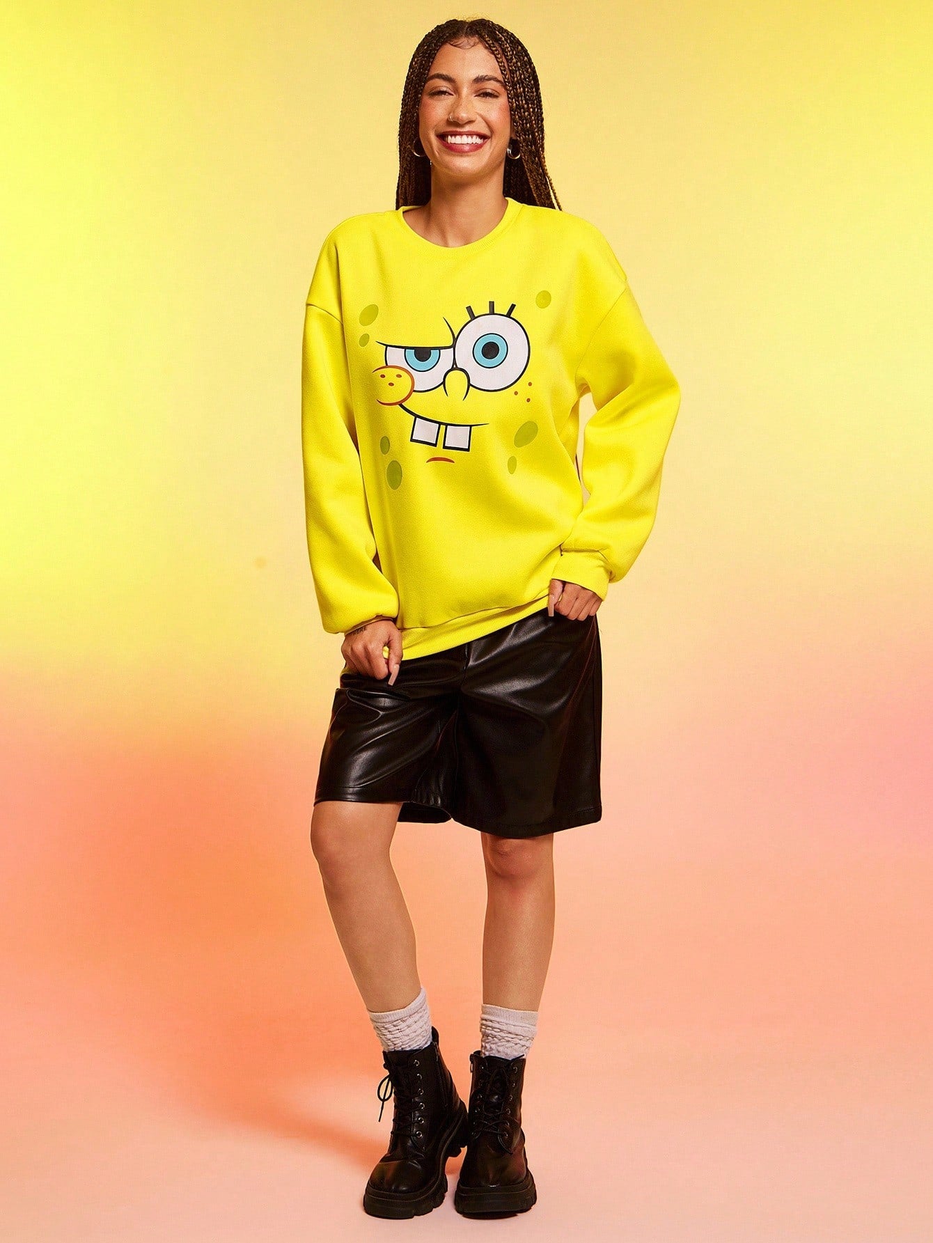 SXV Women Cute Cartoon Face Print Drop Shoulder Loose Crew Neck Long Sleeves Fleece Sweatshirt