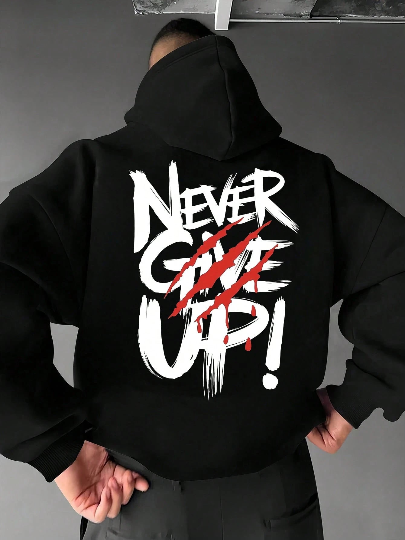 SXV NEVER GIVE UP Letter Slogan & Scratch Print Casual Loose Fit Hoodie Sweatshirt