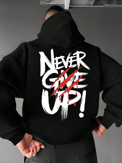 SXV NEVER GIVE UP Letter Slogan & Scratch Print Casual Loose Fit Hoodie Sweatshirt