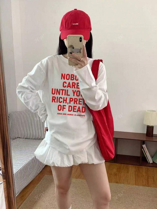 SXV Nobody cares until Women's Casual Cotton Letter Print Round Neck Long Sleeve T-Shirt, Loose Fit & Versatile
