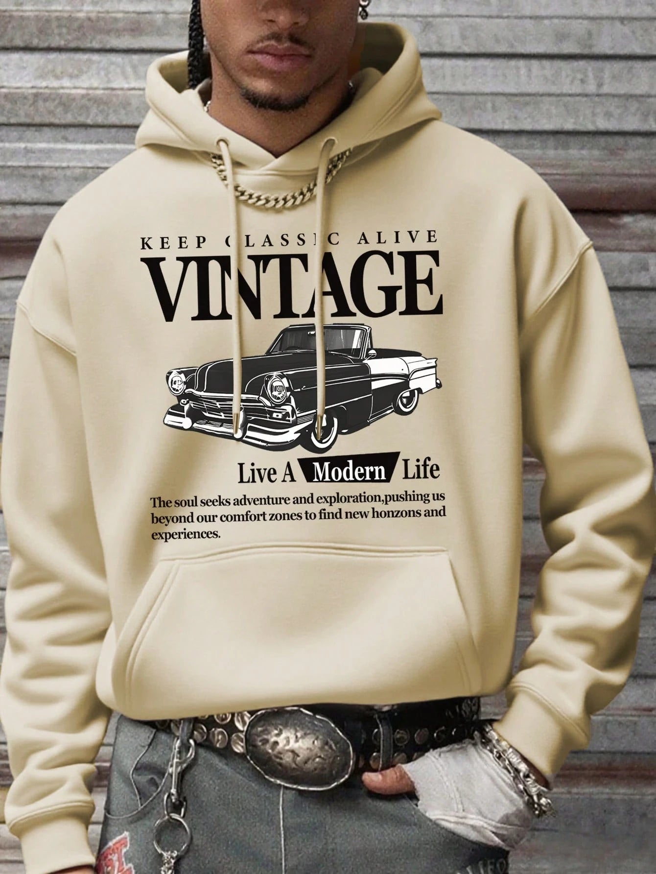 SXV Men's Casual Vintage Car & Slogan Graphic Hoodie Sweatshirt