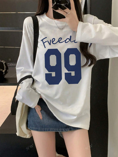SXV 1pc Women's Casual Round Neck Numeric Print Sporty Pattern Cotton Loose Fit Long Sleeve T-Shirt, Versatile For Autumn