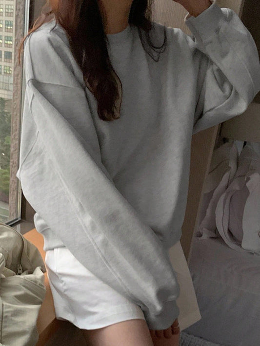 SXV Grey Solid Round Neck Drop Shoulder Plain Oversized Sweatshirt