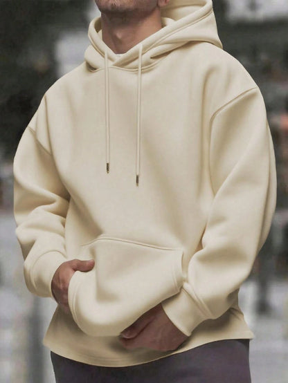 SXV Men's Solid Color Drop Shoulder Long Sleeve Drawstring Pocket Casual Hoodie, Autumn