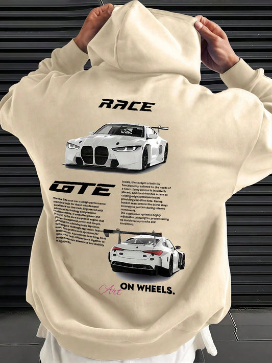 SXV Letter & Racing Car Print Drop Shoulder Long Sleeve Drawstring Casual Hoodie With Pocket