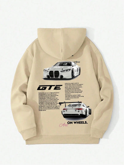 SXV Letter & Racing Car Print Drop Shoulder Long Sleeve Drawstring Casual Hoodie With Pocket