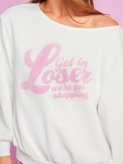 SXV Women's Casual Slogan Graphic Asymmetrical Neck Loose Pullover Sweatshirt, Spring