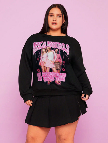 SXV Mean Girls on Wednesday we wear pink Casual Letter & Portrait Graphic Crew Neck Oversized Sweatshirt