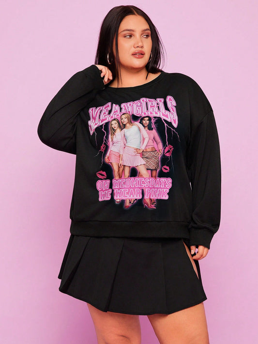 SXV Mean Girls on Wednesday we wear pink Casual Letter & Portrait Graphic Crew Neck Oversized Sweatshirt