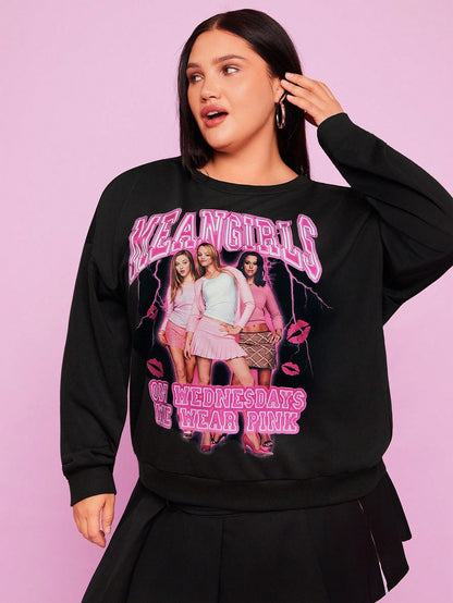 SXV Mean Girls on Wednesday we wear pink Casual Letter & Portrait Graphic Crew Neck Oversized Sweatshirt
