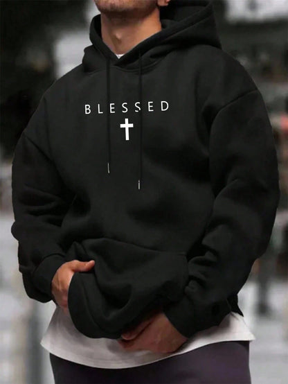 SXV BLESSED printed Winter Long Sleeve Black Hoodie Sweatshirt With Bless Cross Print Oversized Style