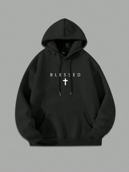 SXV BLESSED printed Winter Long Sleeve Black Hoodie Sweatshirt With Bless Cross Print Oversized Style