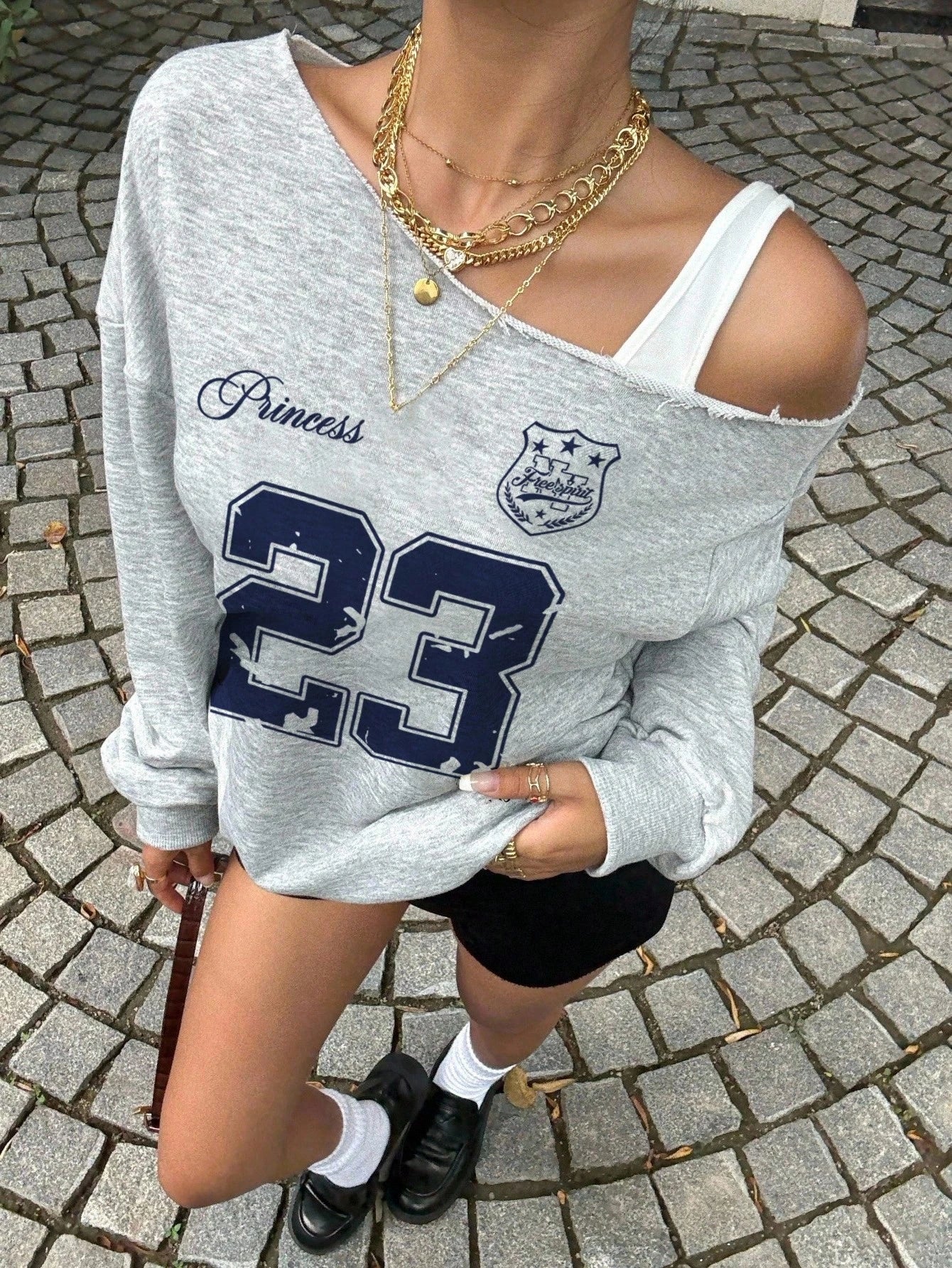 SXV Asymmetrical Strap Heather Gray Sweatshirt With Blue Number 23 Pattern