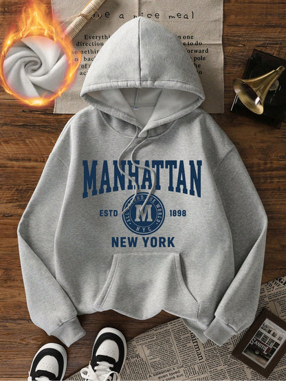 SXV Women's Casual Ins-Style Blue Letter Print Hoodie Sweatshirt