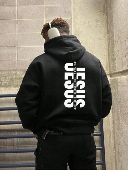 SXV Jesus Men's Casual Loose Letter Print Hoodie With Pocket, Autumn