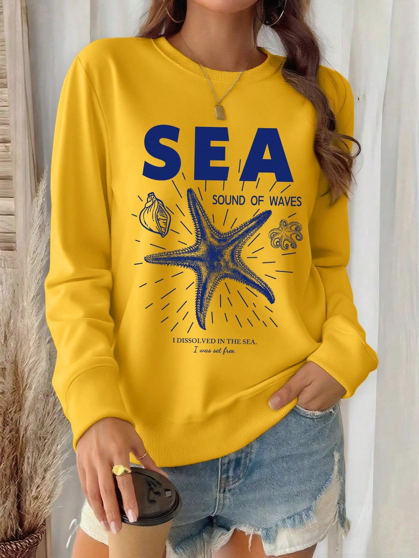 SXV Starfish Letter Print Crew Neck Sweatshirt For Women