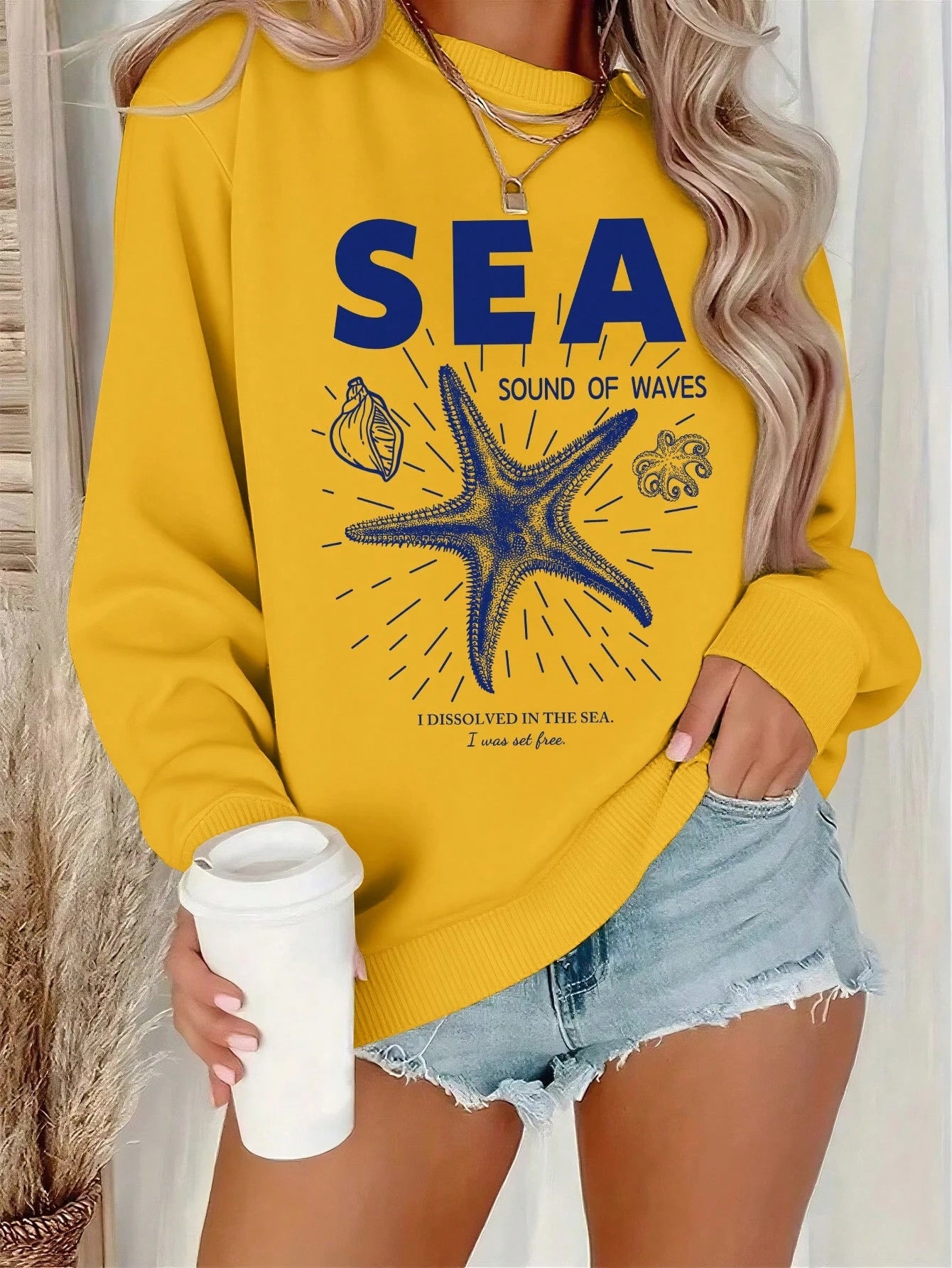 SXV Starfish Letter Print Crew Neck Sweatshirt For Women