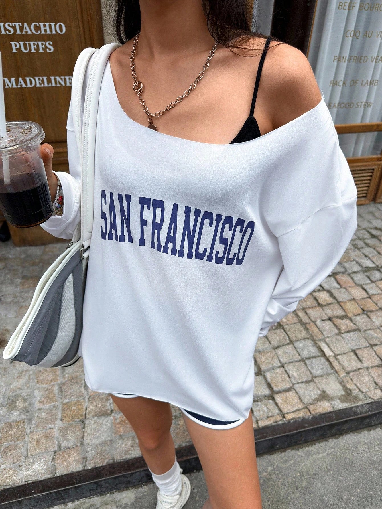 SXV Women Casual Off Shoulder Loose Fit Long Sleeve Sweatshirt, SAN FRANSISCO Print