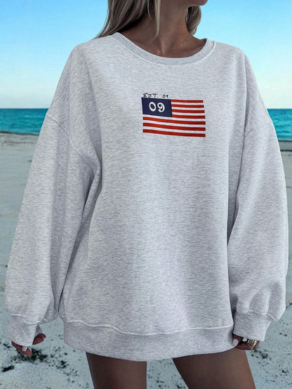 SXV EST09 Women's Loose Flag Print Drop Shoulder Long Sleeve Casual Fleece Sweatshirt