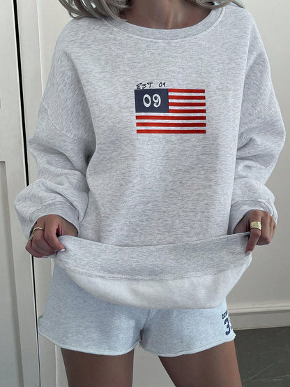 SXV EST09 Women's Loose Flag Print Drop Shoulder Long Sleeve Casual Fleece Sweatshirt