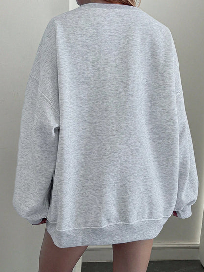 SXV EST09 Women's Loose Flag Print Drop Shoulder Long Sleeve Casual Fleece Sweatshirt