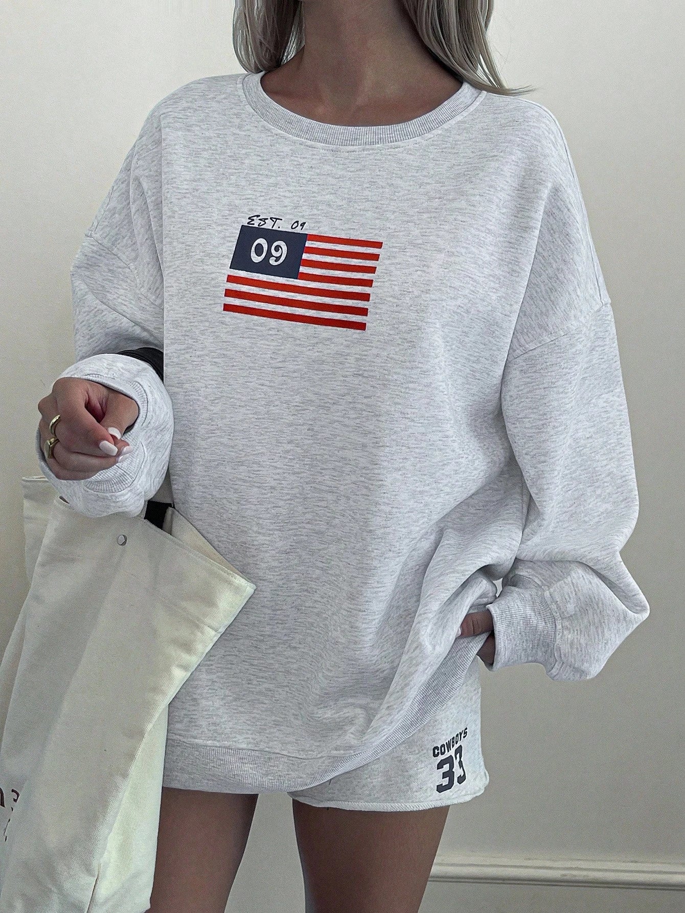 SXV EST09 Women's Loose Flag Print Drop Shoulder Long Sleeve Casual Fleece Sweatshirt