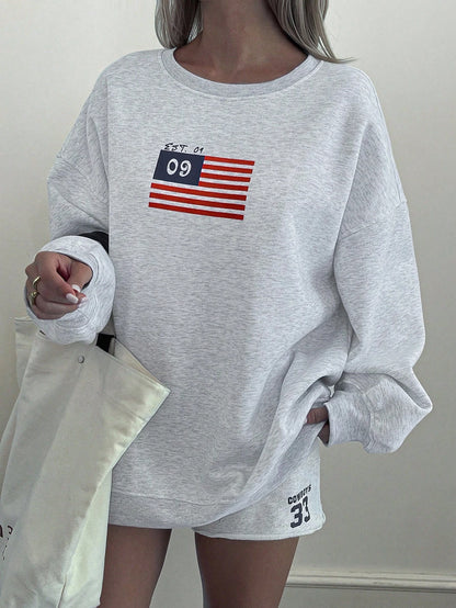 SXV EST09 Women's Loose Flag Print Drop Shoulder Long Sleeve Casual Fleece Sweatshirt
