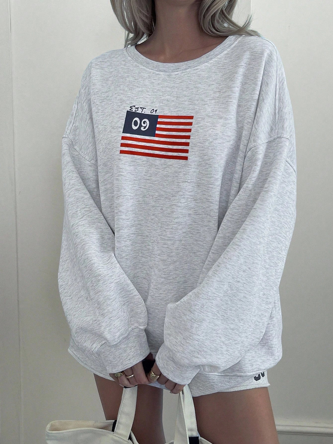 SXV EST09 Women's Loose Flag Print Drop Shoulder Long Sleeve Casual Fleece Sweatshirt