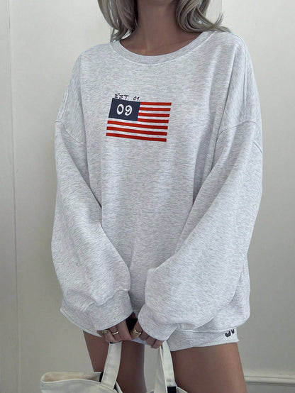 SXV EST09 Women's Loose Flag Print Drop Shoulder Long Sleeve Casual Fleece Sweatshirt