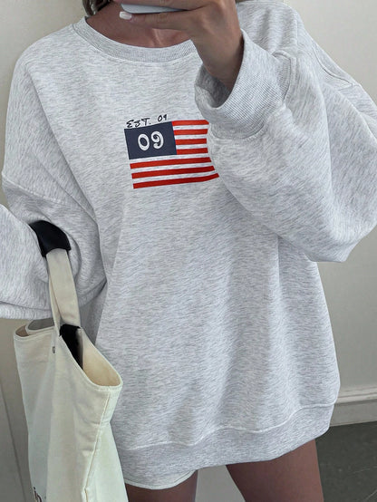 SXV EST09 Women's Loose Flag Print Drop Shoulder Long Sleeve Casual Fleece Sweatshirt
