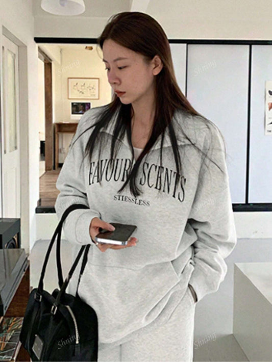 SXV Favour printed half zip up Women's Solid Color Long Sleeve Loose Fit Pullover Sweatshirt