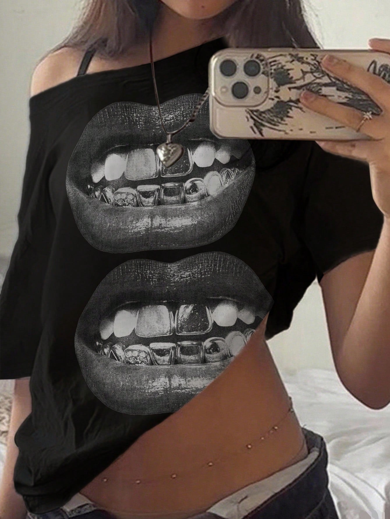 SXV Casual Minimalist Lip Print Off Shoulder Loose Short Sleeve T-Shirt For Women