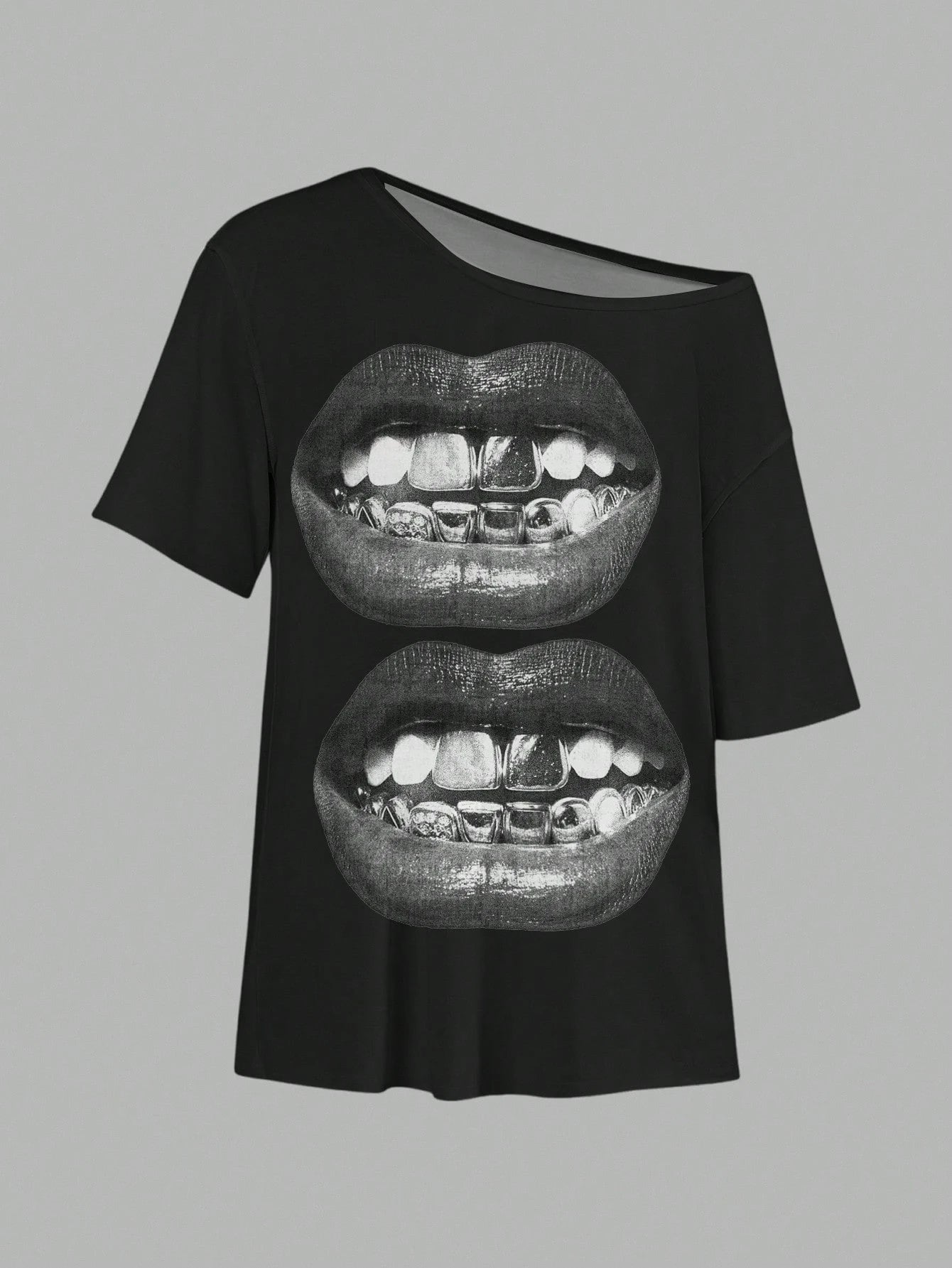 SXV Casual Minimalist Lip Print Off Shoulder Loose Short Sleeve T-Shirt For Women