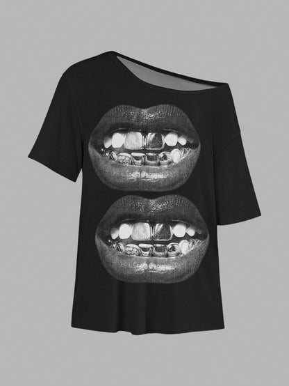 SXV Casual Minimalist Lip Print Off Shoulder Loose Short Sleeve T-Shirt For Women
