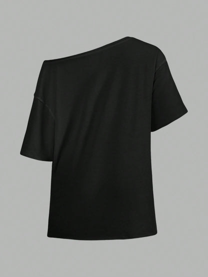SXV Casual Minimalist Lip Print Off Shoulder Loose Short Sleeve T-Shirt For Women