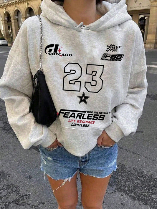 SXV Winter New Simple Ins 23 Graphic Print Casual Crew Neck Dark Grey Fashionable Versatile Pullover Hoodie