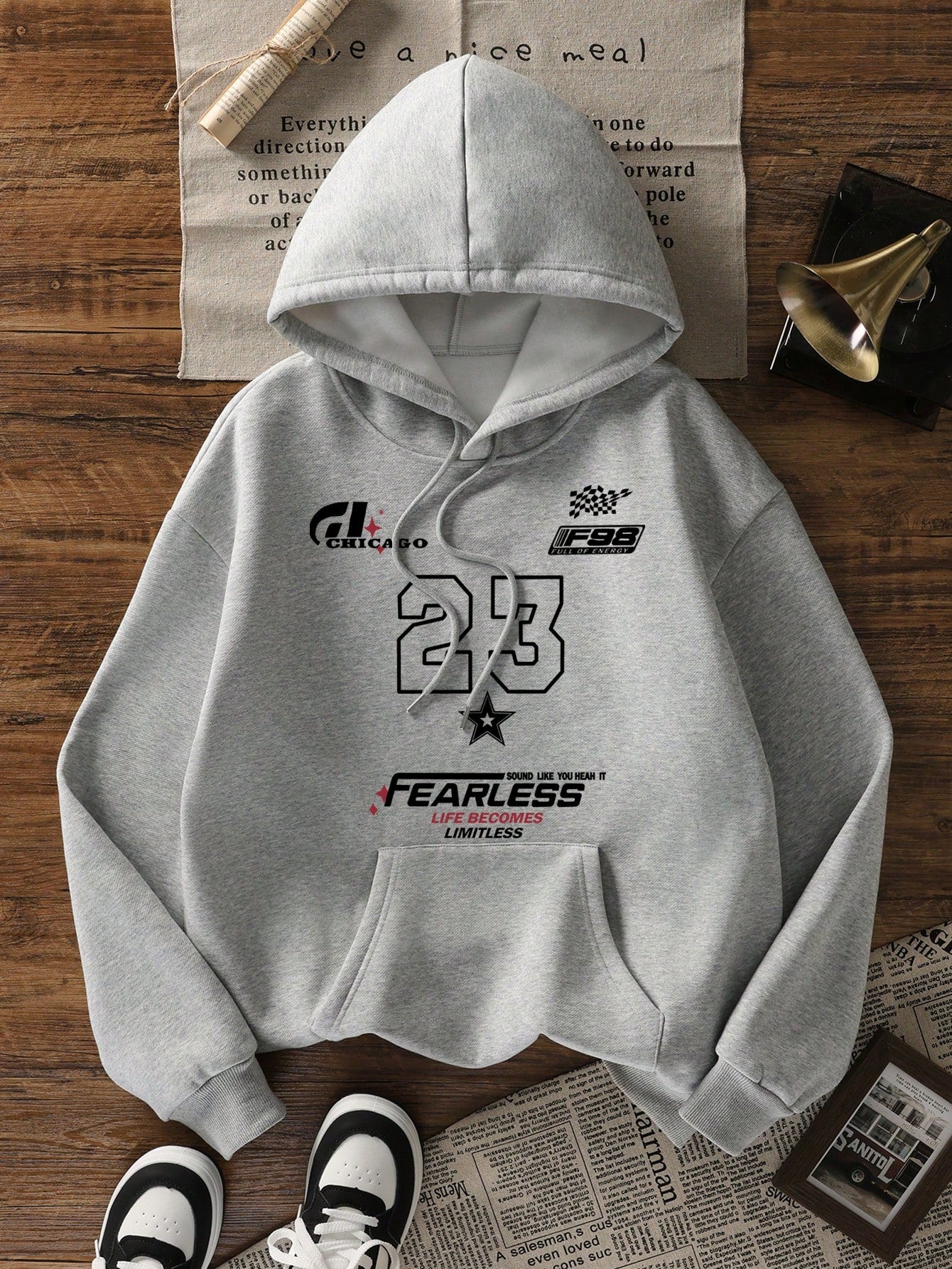 SXV Winter New Simple Ins 23 Graphic Print Casual Crew Neck Dark Grey Fashionable Versatile Pullover Hoodie