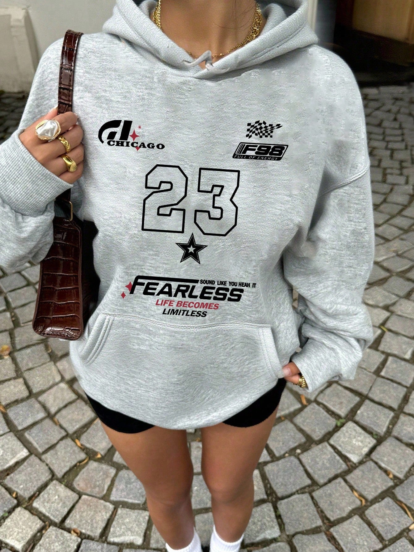 SXV Winter New Simple Ins 23 Graphic Print Casual Crew Neck Dark Grey Fashionable Versatile Pullover Hoodie