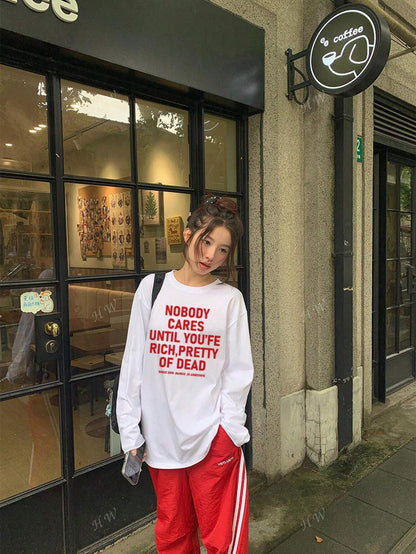 SXV Nobody cares until Women's Casual Cotton Letter Print Round Neck Long Sleeve T-Shirt, Loose Fit & Versatile
