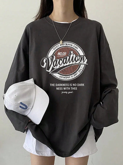SXV Vacation Women's Casual Round Neck Letter Graphic Print Long Sleeve Cotton T-Shirt, Loose Fit, Versatile, Spring