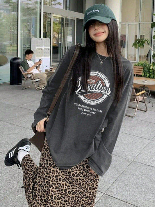 SXV Vacation Women's Casual Round Neck Letter Graphic Print Long Sleeve Cotton T-Shirt, Loose Fit, Versatile, Spring