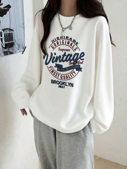 SXV Vintage Women's Casual Cotton Letter Print Round Neck Long Sleeve T-Shirt, Loose Fit & Versatile, Spring
