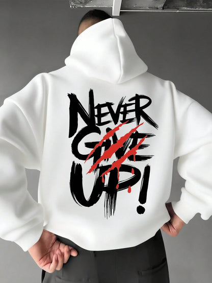 SXV NEVER GIVE UP Letter Slogan & Scratch Print Casual Loose Fit Hoodie Sweatshirt