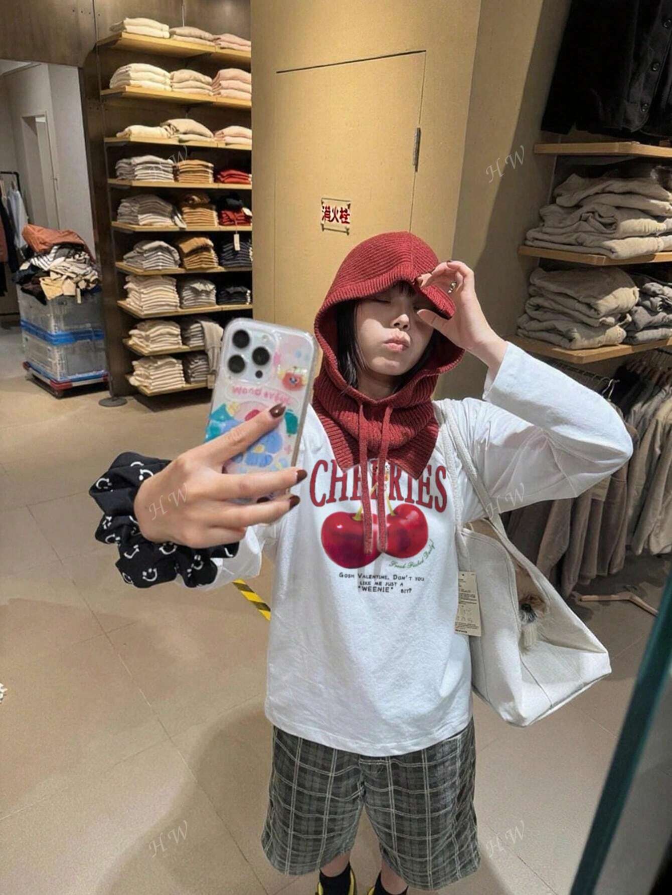 SXV Women's Casual Loose Fit Letter & Cherry Print Round Neck Long Sleeve Cotton T-Shirt, Fashion & Versatile, Spring