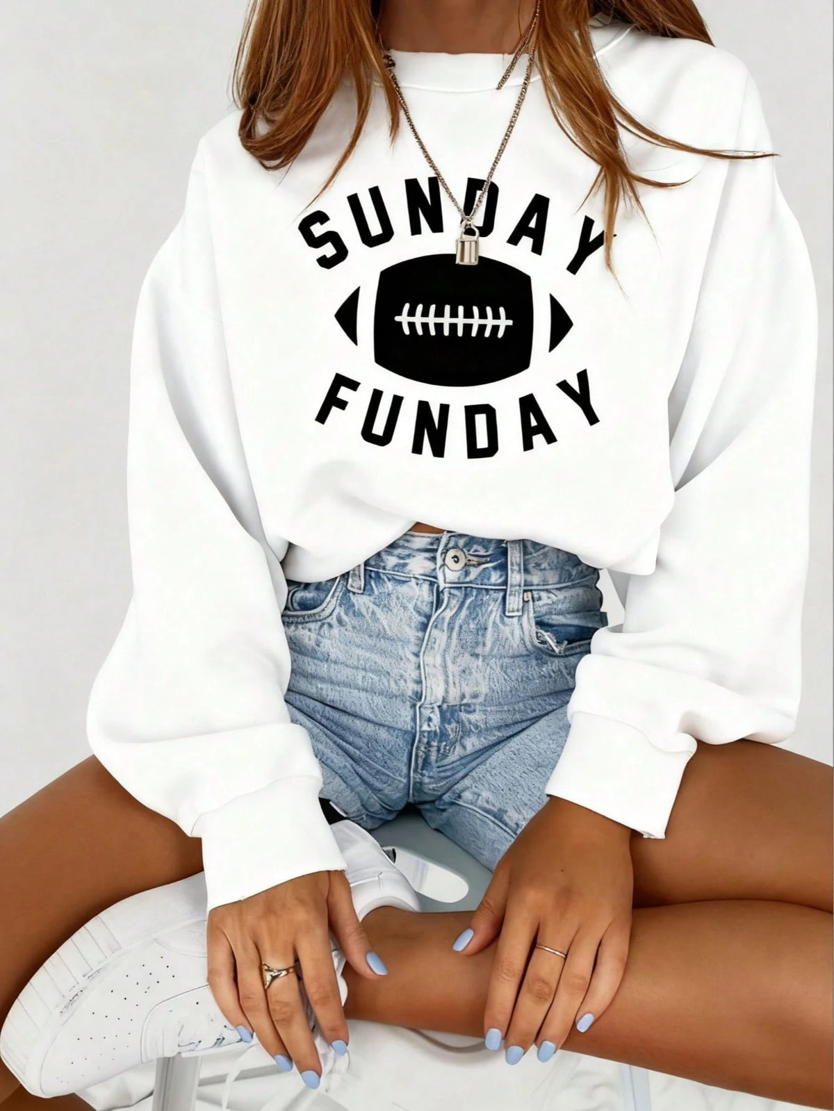 SXV SUNDAY FUNDAY Print Crew Neck Short Pullover Sweatshirt
