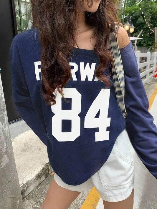 SXV Women's Casual off shoulder Forward Letter & Number Print Top, Autumn