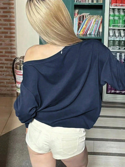 SXV Women's Casual off shoulder Forward Letter & Number Print Top, Autumn