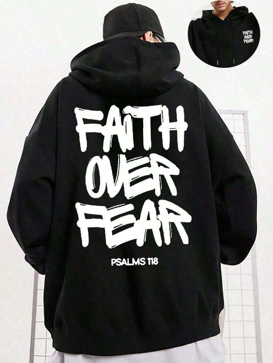 SXV Faith Over Fear, Letter Print Pocket Hoodie
