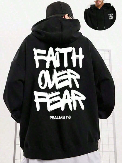 SXV Faith Over Fear, Letter Print Pocket Hoodie